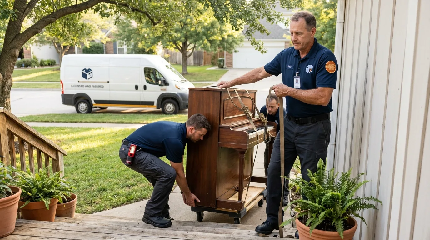 Licensed piano movers securing grand piano in Westfield, PA