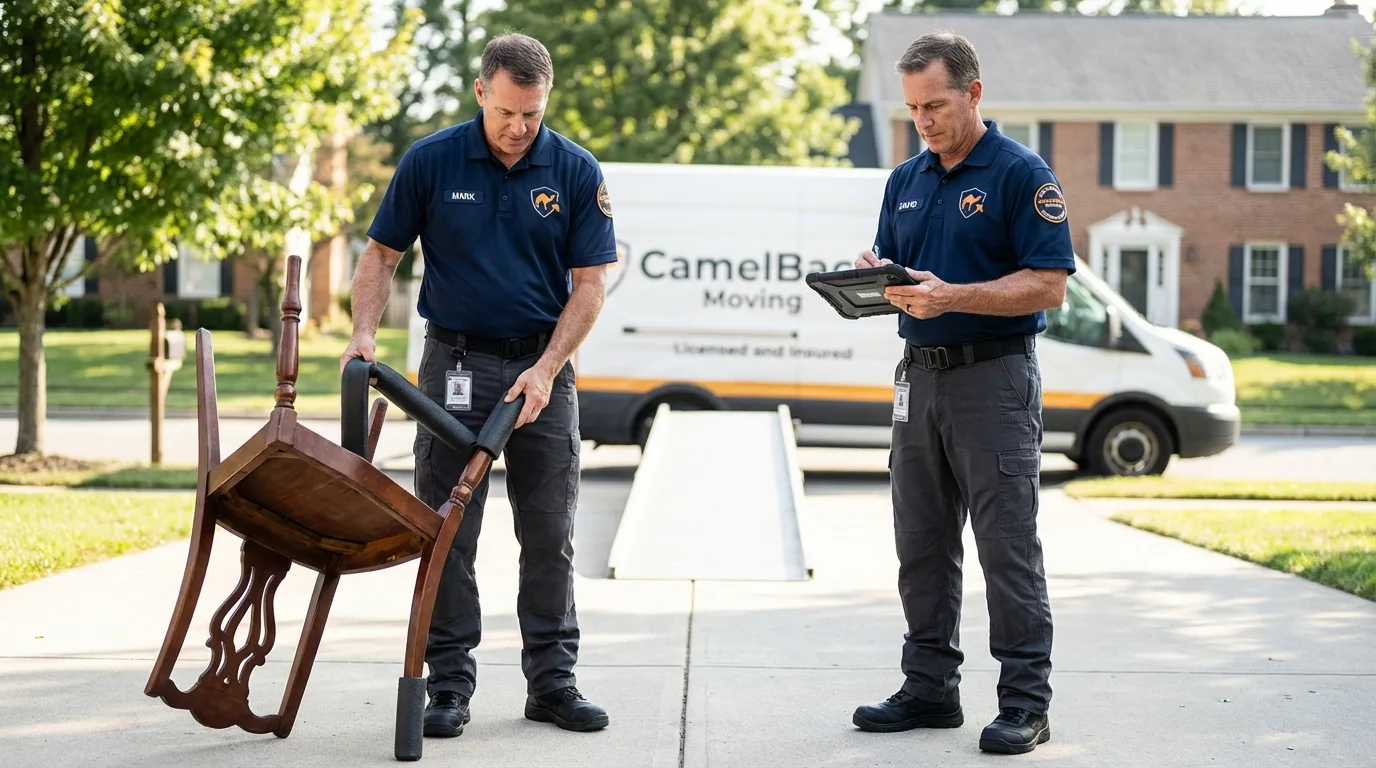 Movers inspecting furniture for damage prevention before loading in Westfield, PA
