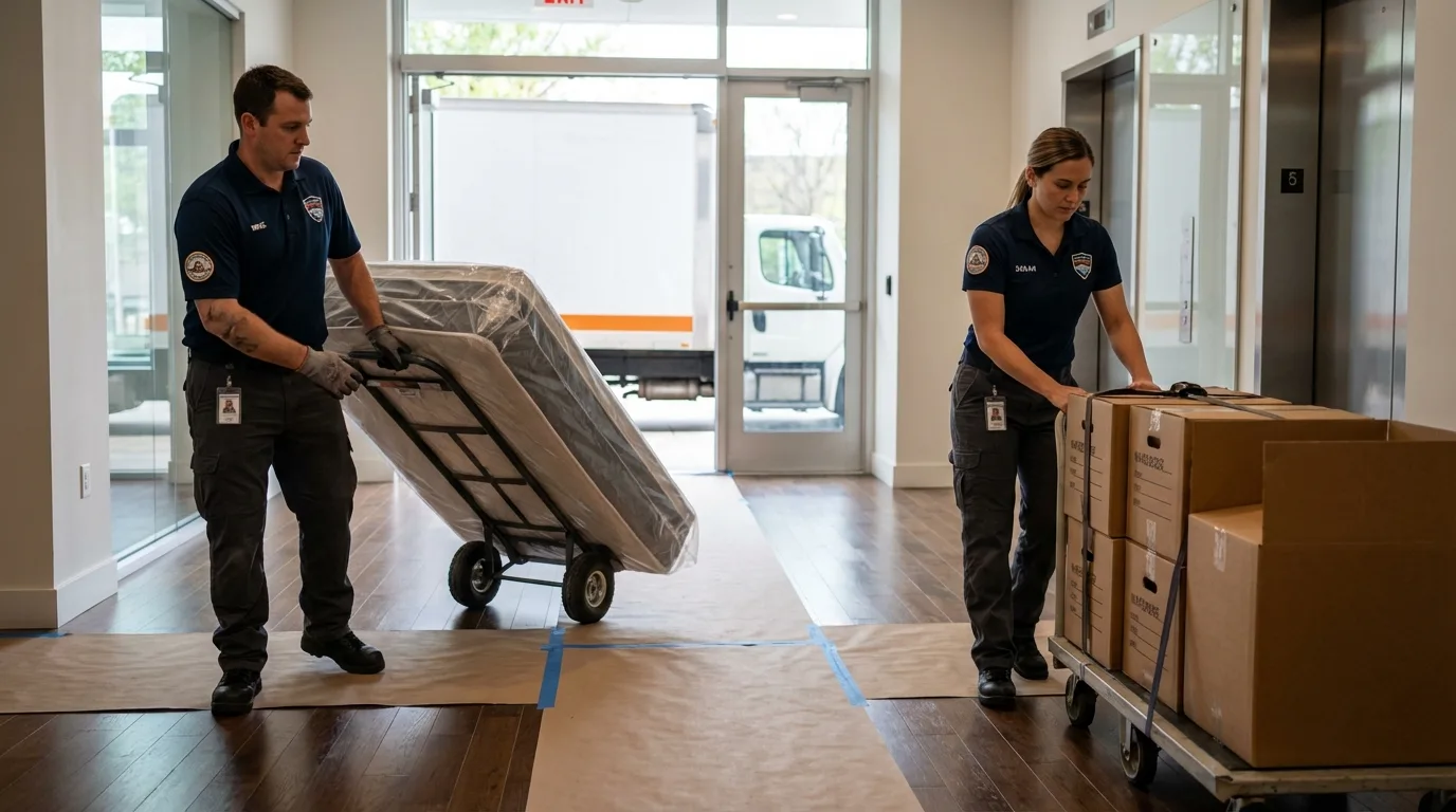 Professional apartment movers loading elevator in Westfield, PA